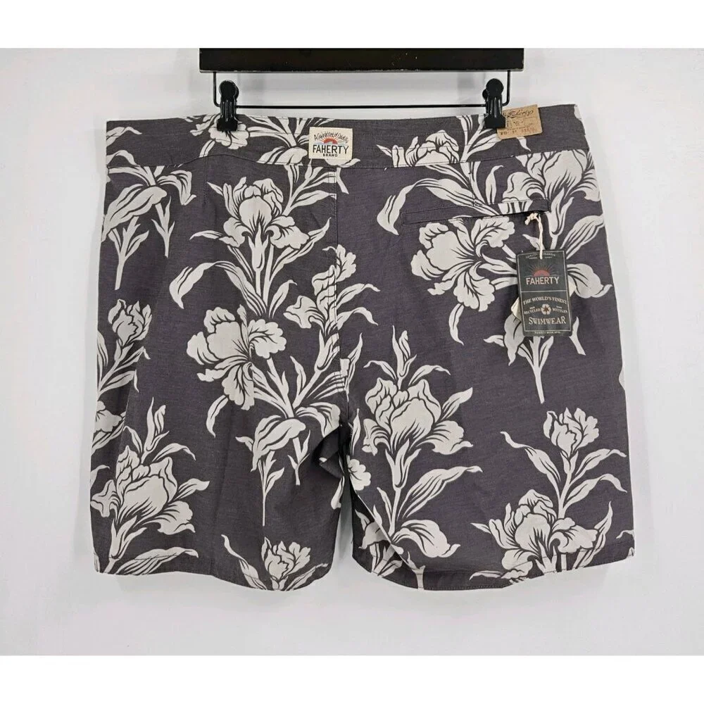 New Faherty Men Sz 40 Classic Boardshort Caf-Cream Ash Floral Lace Button Fly